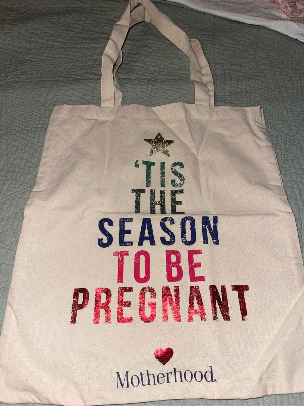 Motherhood Cream Canvas Tote with Multicolor Holiday Text